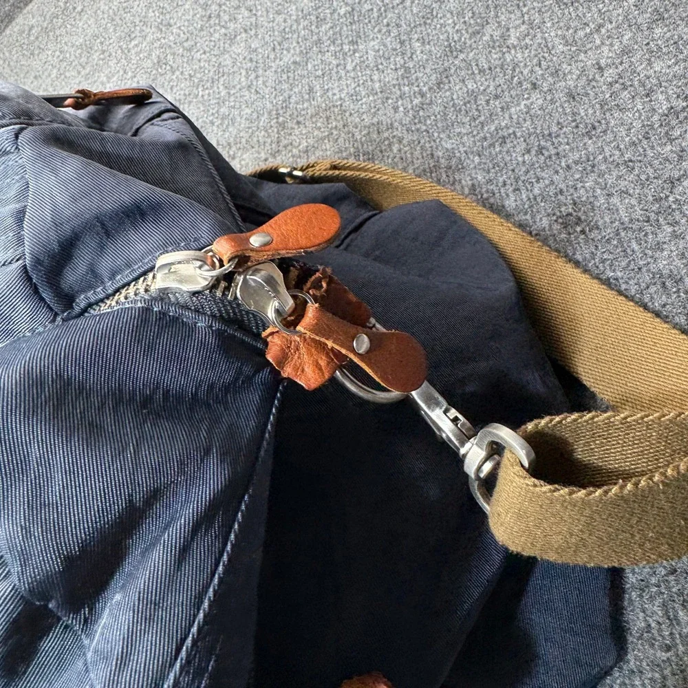 J Crew Harwick Duffle Bag Blue Brown Leather Trim Travel Weekender Overnight